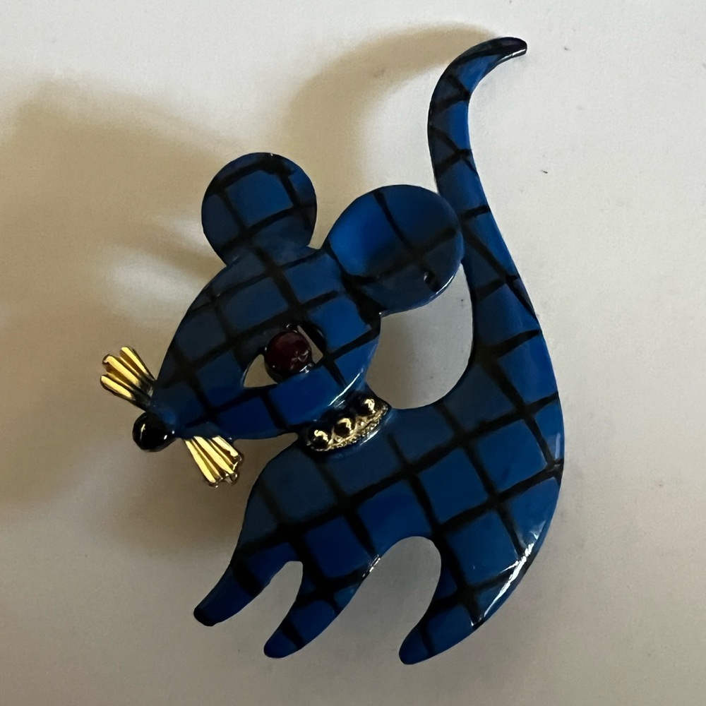 Vintage Blue Plaid Enamel Mouse Red Rhinestone Eyes Long Tail Brooch Pin